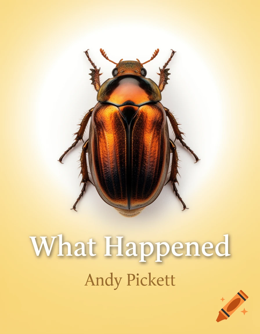 A photorealistic book cover featuring a shiny orange and black June bug on a white and yellow gradient background, with the title 'What Happened' by Andy Pickett.