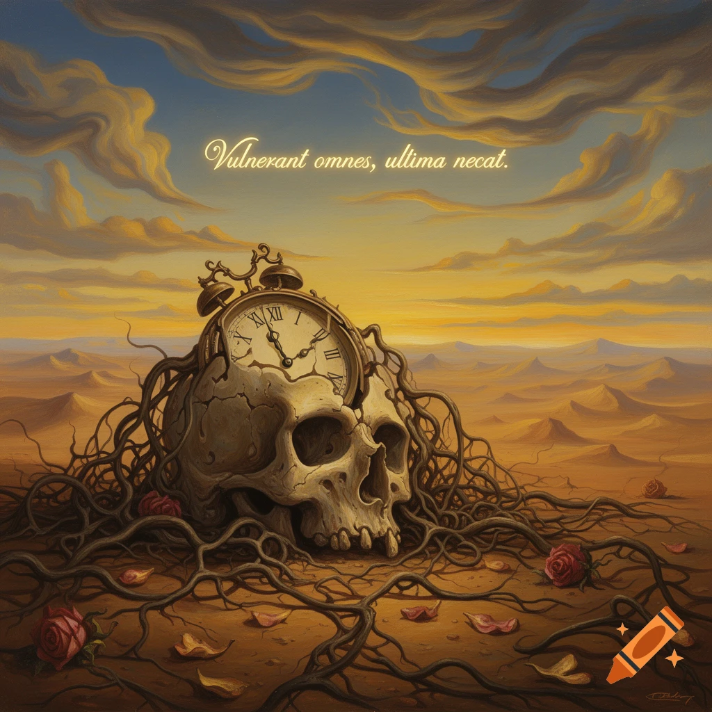 A surreal, painterly image: a skull with an alarm clock on its head, surrounded by roots and roses in a vast desert. Text 'Vulnerant omnes, ultima necat.' in sky.
