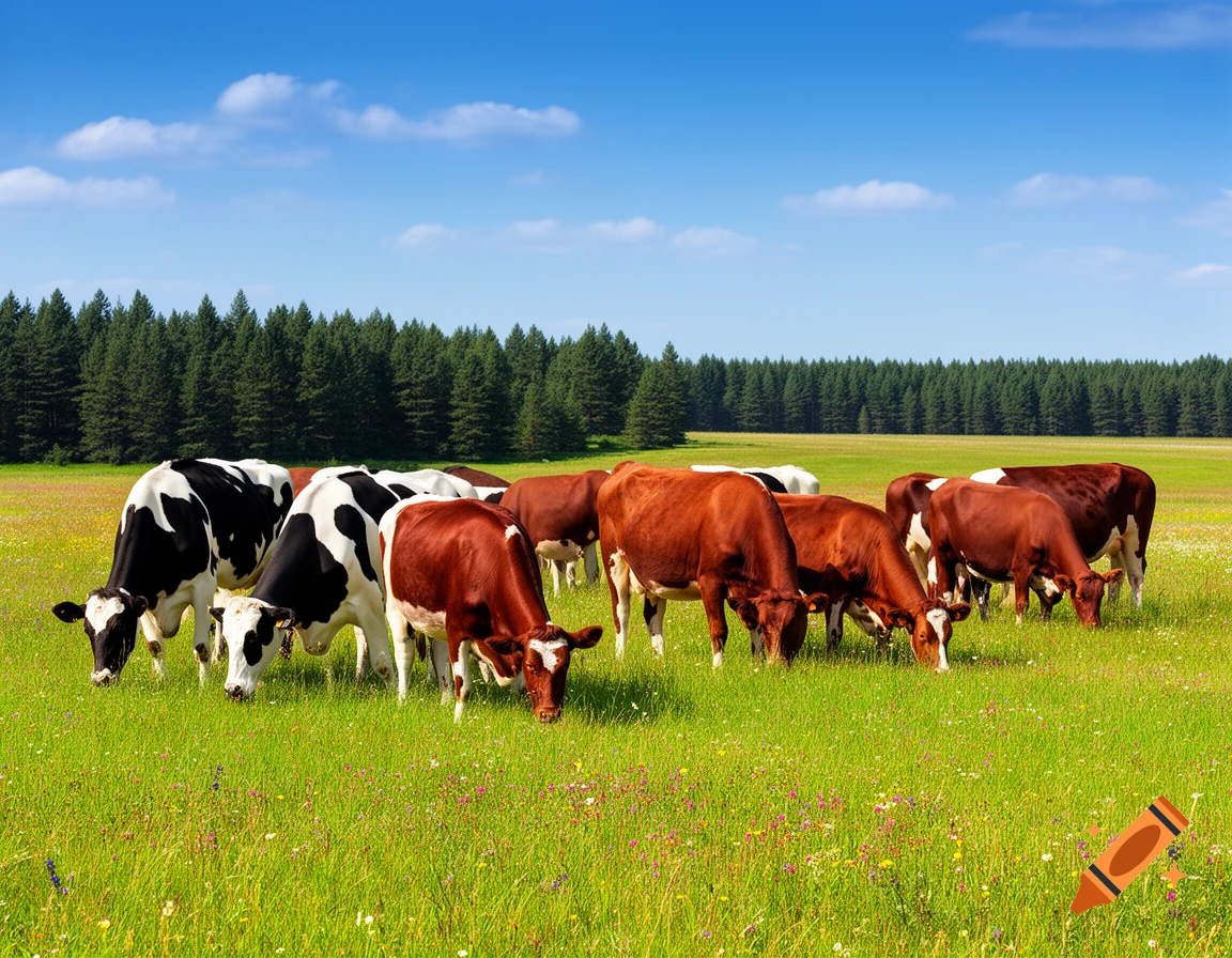 Several cows, a mix of black and white and brown, graze in a sunny green meadow with distant trees under a blue sky, photorealistic.