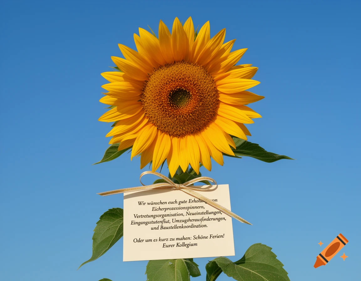 A vibrant yellow sunflower with a small greeting card tied to its stem against a clear blue sky.