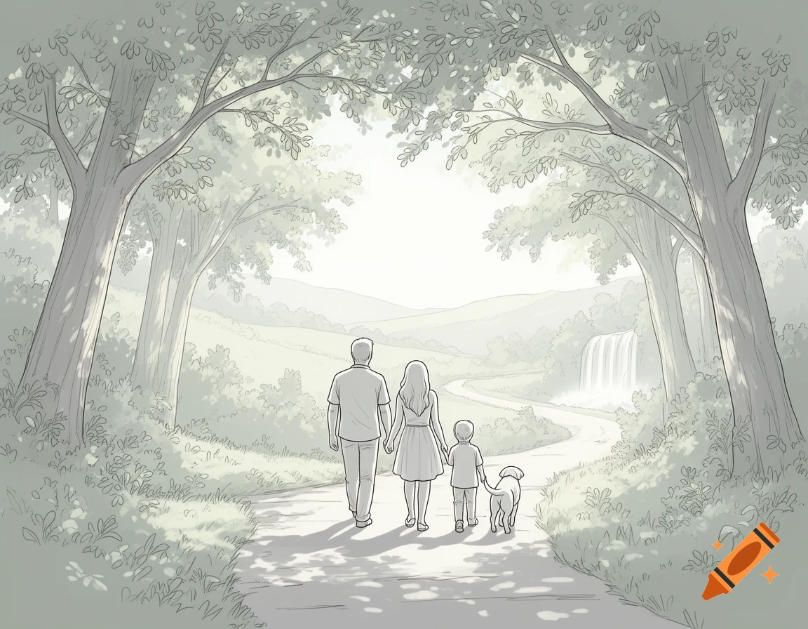 A line drawing of a family with a child and a dog walking on a path under tall trees towards a sunny landscape with a waterfall.