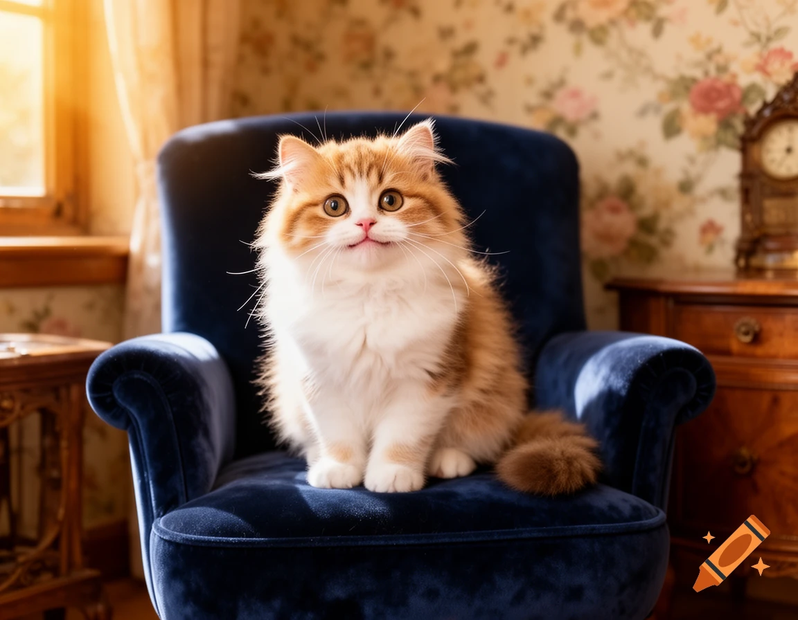 A fluffy ginger and white cat with a slight smile sits on a dark blue velvet armchair in a warm, sunlit room.
