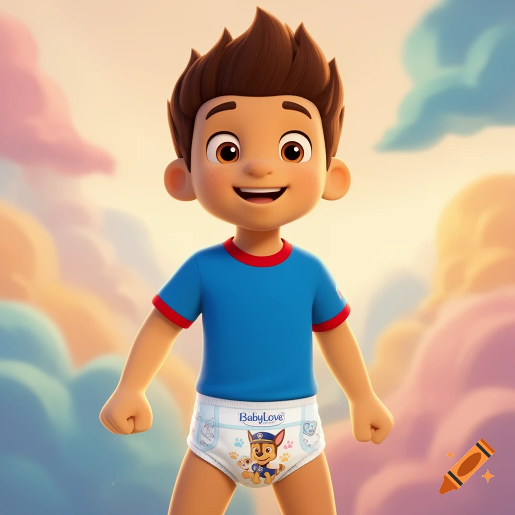 A cartoon boy, Ryder from Paw Patrol, in a blue t-shirt and white diaper with Chase on it, smiles in a cloudy sky.