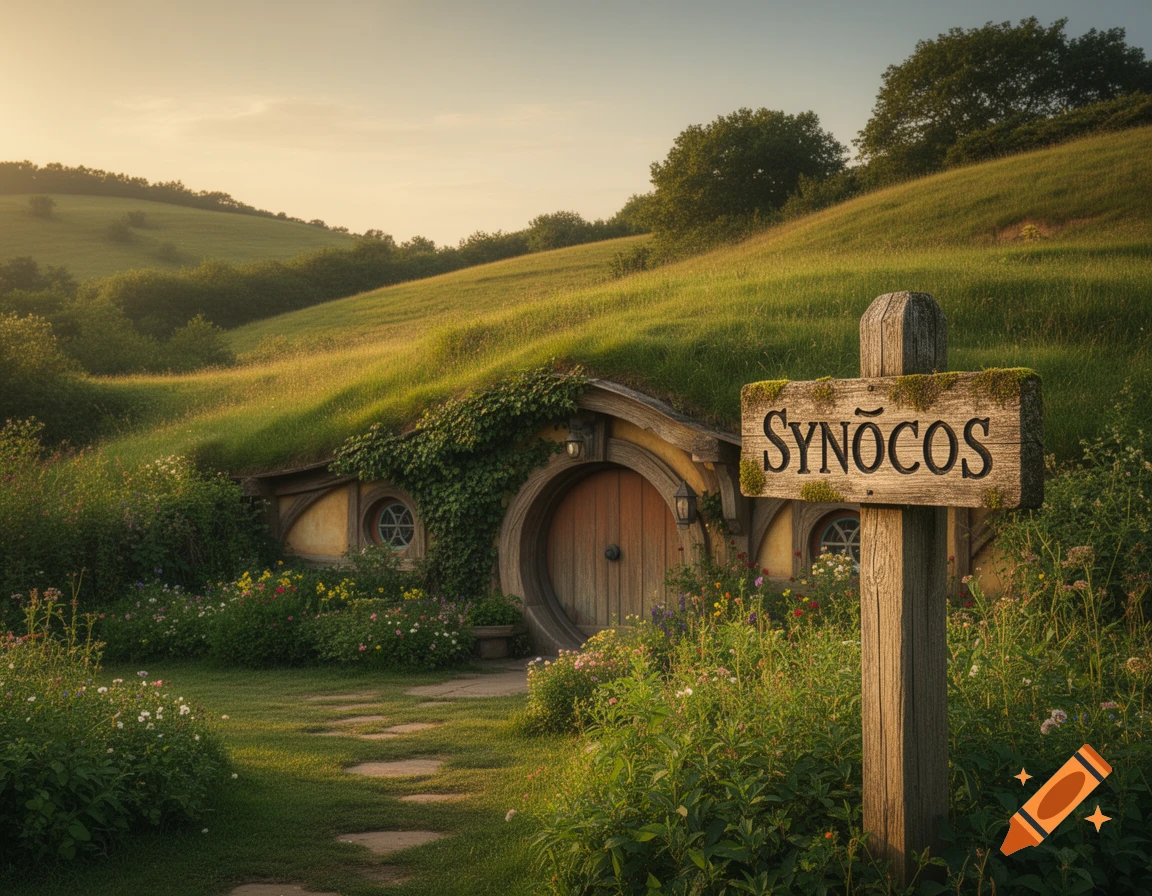 Photorealistic hobbit house built into a green grassy hill with a round door, a stone path, and a wooden sign saying 'SYNŌCOS' in the foreground.