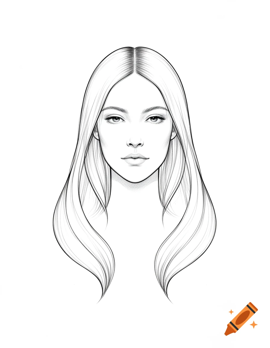 A minimalist black and white line drawing of a woman's face with long, straight hair framing it.