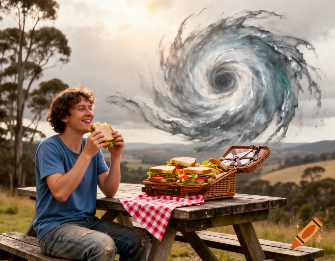 A smiling man eats a sandwich at a picnic table with a stylized grey and blue vortex swirling in the sky behind him.