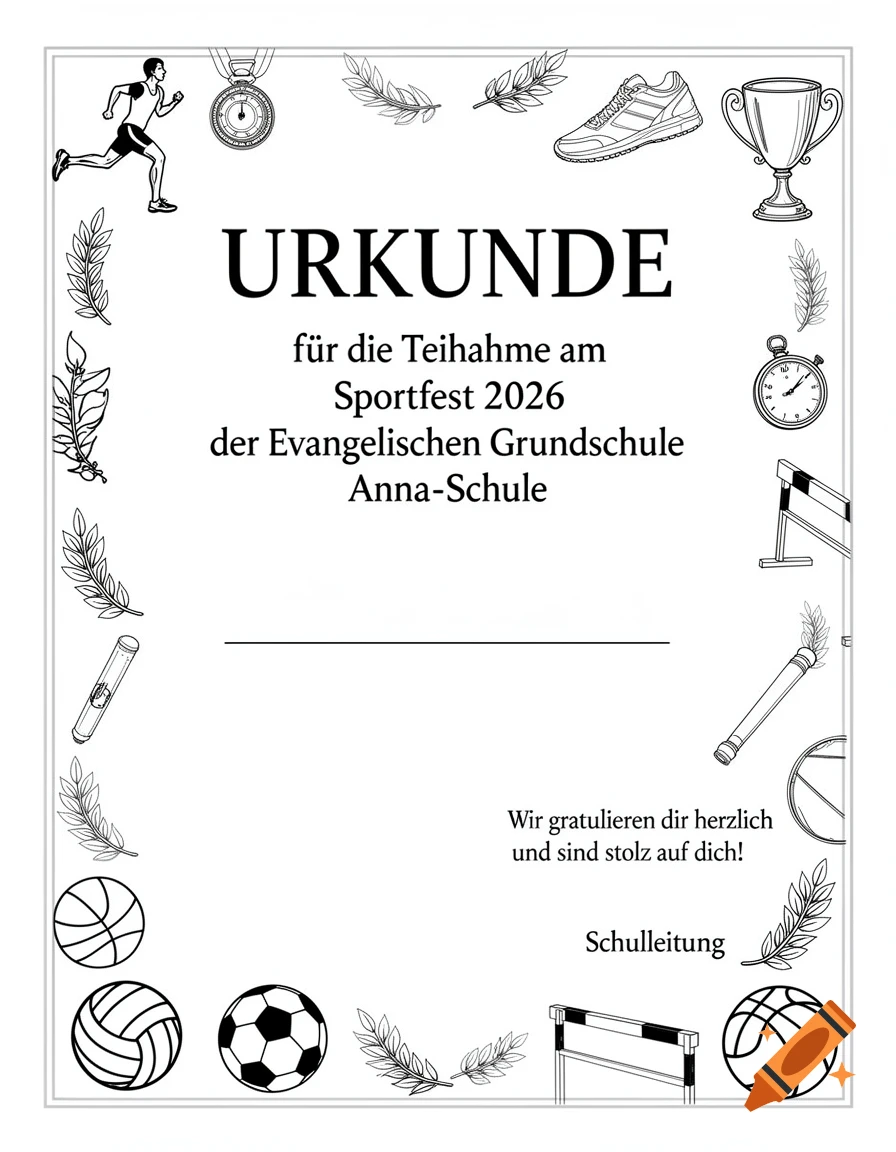 A black and white sports award certificate with a border of line art motifs including a runner, medal, trophy, and various sports balls. The text reads 'URKUNDE' and mentions a sports festival.