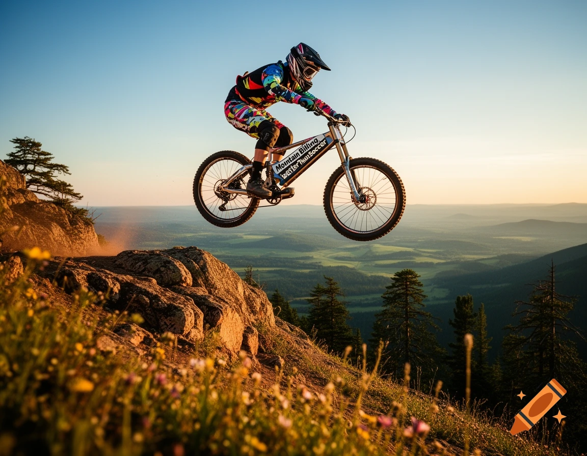 A person on a mountain bike jumps over a rocky cliff with a scenic valley and sunset in the background.