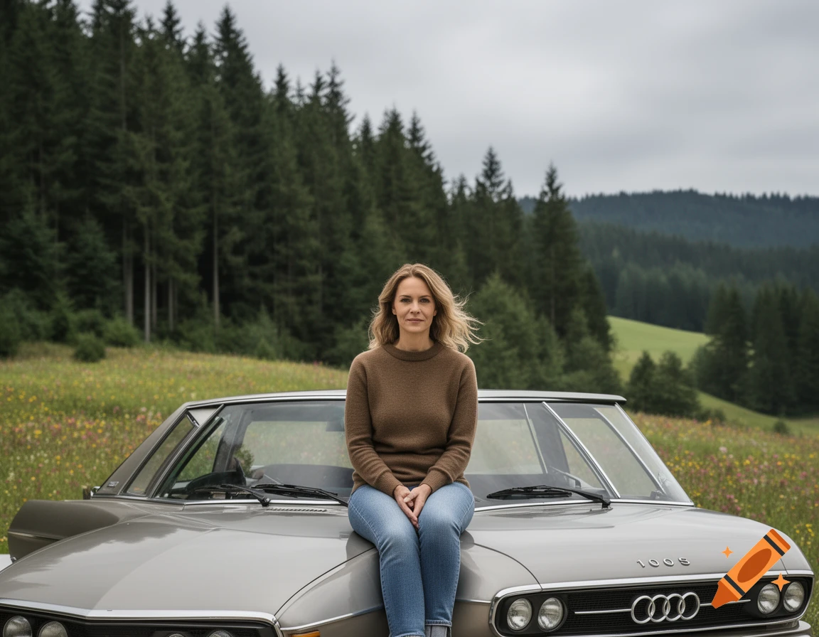 A woman in a brown sweater sits on a classic silver Audi 100 S Coupé in a forest and meadow landscape.