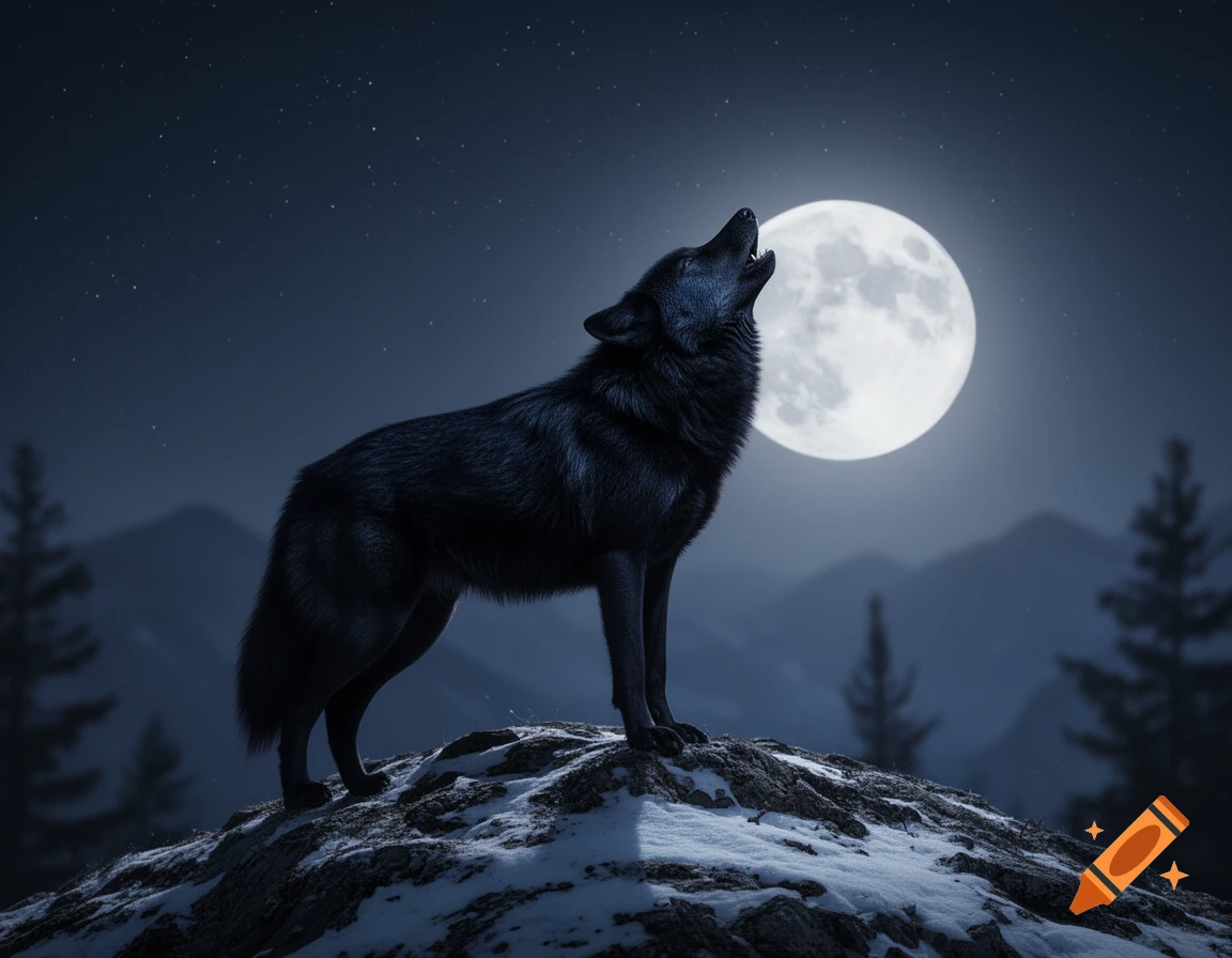 A black wolf howls atop a snowy rock under a large full moon and a starry night sky with distant mountains.