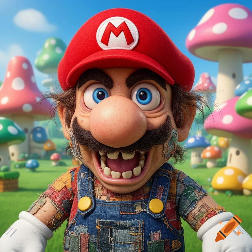 A highly detailed, grotesque Mario with large eyes and a wide grin, wearing patchwork overalls and a red 'M' cap, in a mushroom kingdom.
