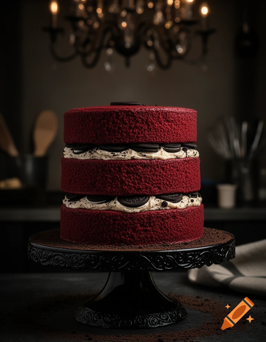 Three-tiered red velvet cake with Oreo cream filling on a black cake stand in a dimly lit room with a chandelier.