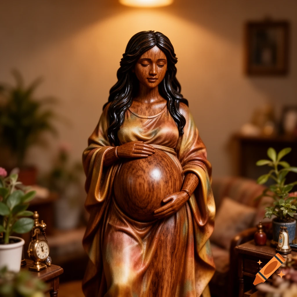 A detailed wooden statue of a pregnant woman standing with her hands on her belly in a softly lit room.