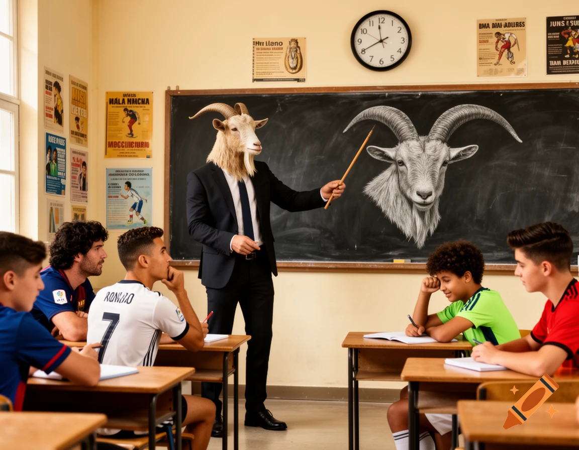 A person with a goat head in a suit teaches a class of young men, including one wearing a Ronaldo jersey, pointing to a goat head drawing on a blackboard.