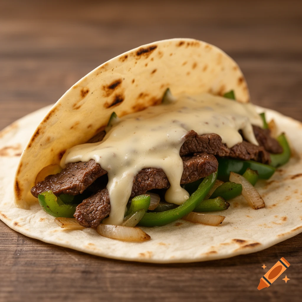 A photorealistic Philly steak taco with melted queso, green peppers, and onions on a tortilla.