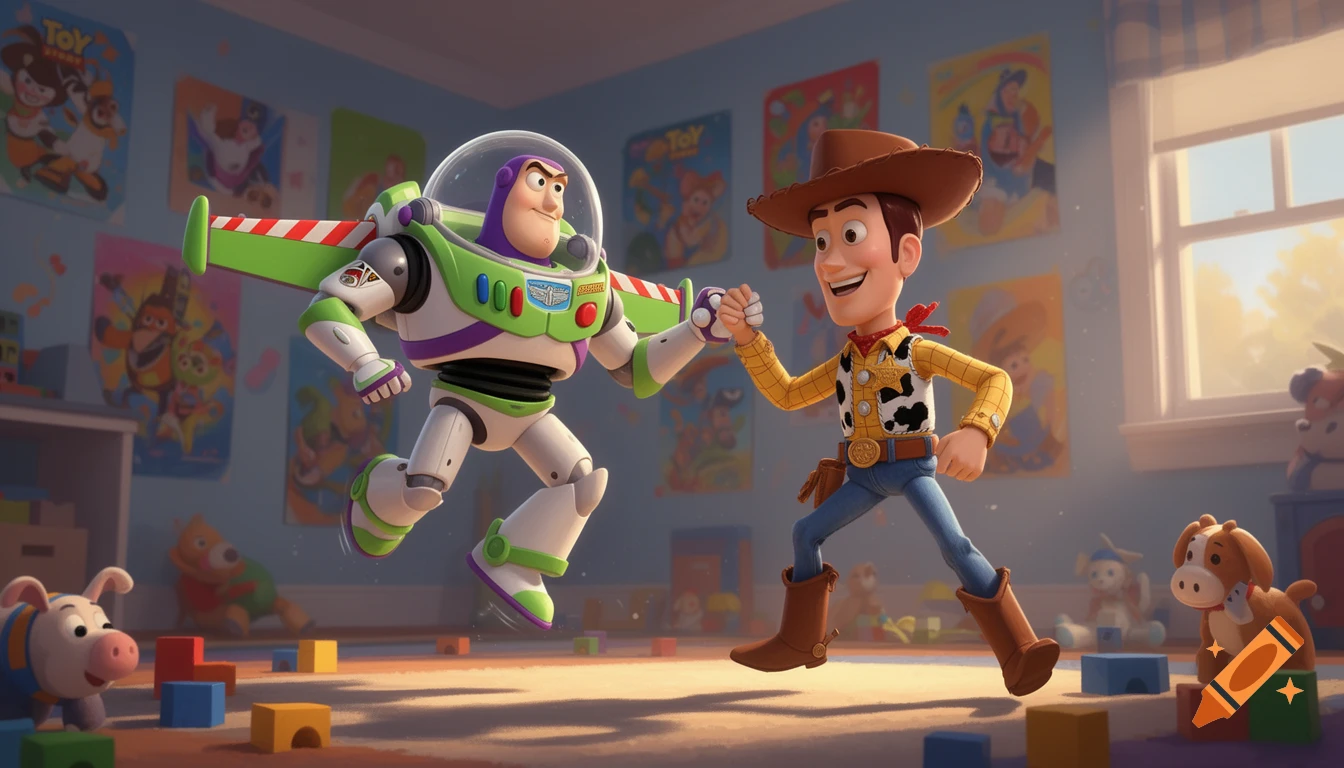Buzz Lightyear and Woody fist-bump in a bright, toy-filled bedroom with posters, rendered in a 3D animation style.