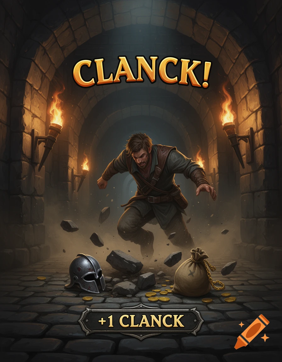 A fantasy adventurer trips in a torch-lit dungeon, sending a helmet and coins scattering, with the text "CLANCK!" and "+1 CLANCK" in a digital painting style.