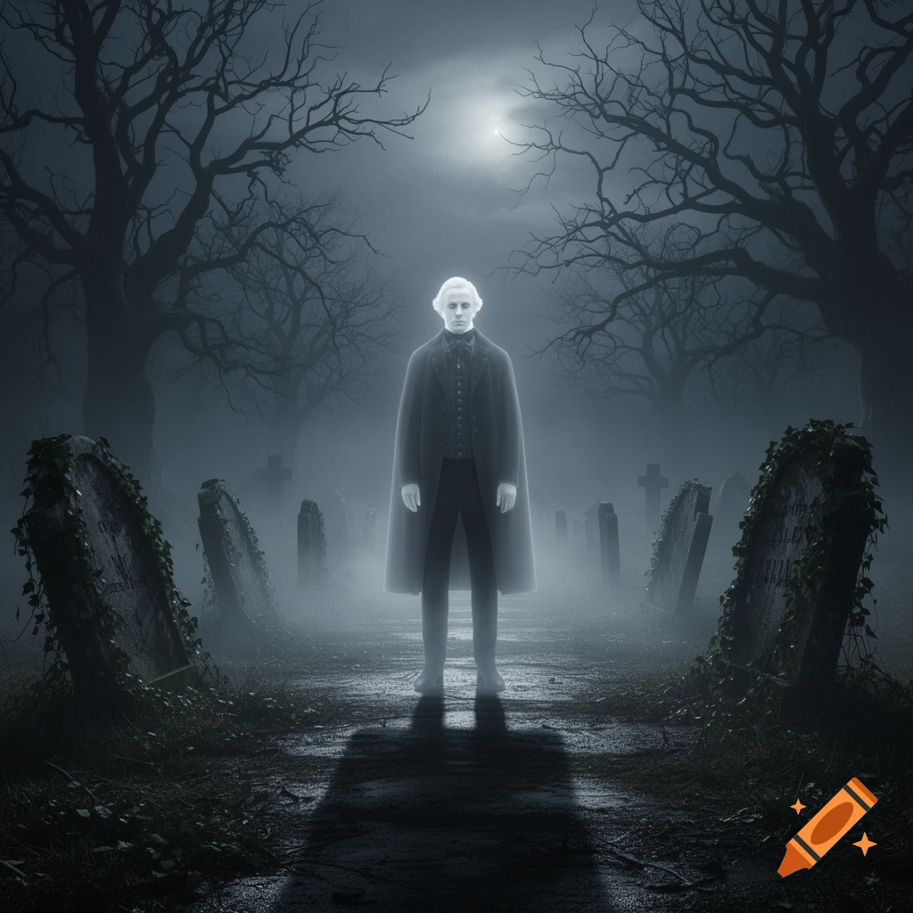 A glowing white ghostly figure in a dark coat stands in a foggy graveyard at night, surrounded by tombstones and gnarled trees under a full moon.