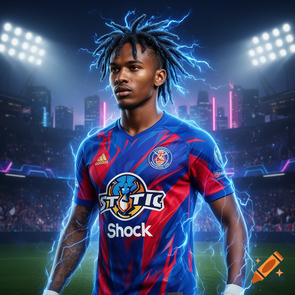 A young Black man with dreadlocks, wearing a red and blue soccer jersey with "STATIC Shock" logo, surrounded by blue lightning in a stadium.