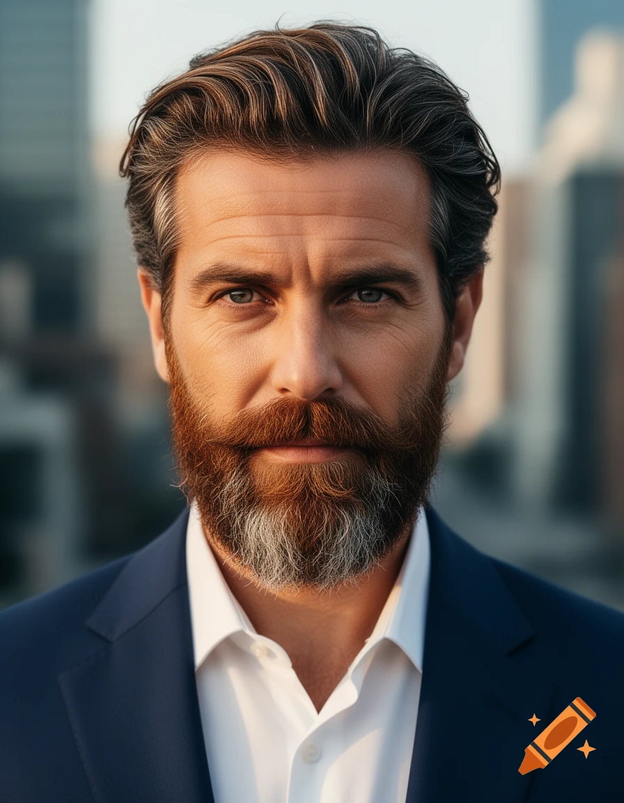 Close-up photorealistic portrait of a distinguished bearded man with styled hair, wearing a white shirt and a blue suit jacket.