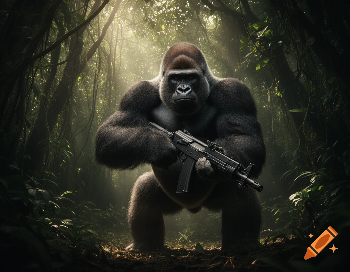 Photorealistic image of a powerful gorilla holding a machine gun in a lush, sun-dappled jungle.