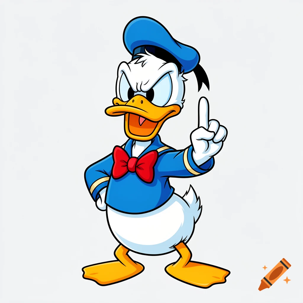Angry cartoon Donald Duck points his index finger upwards, set against a plain white background.