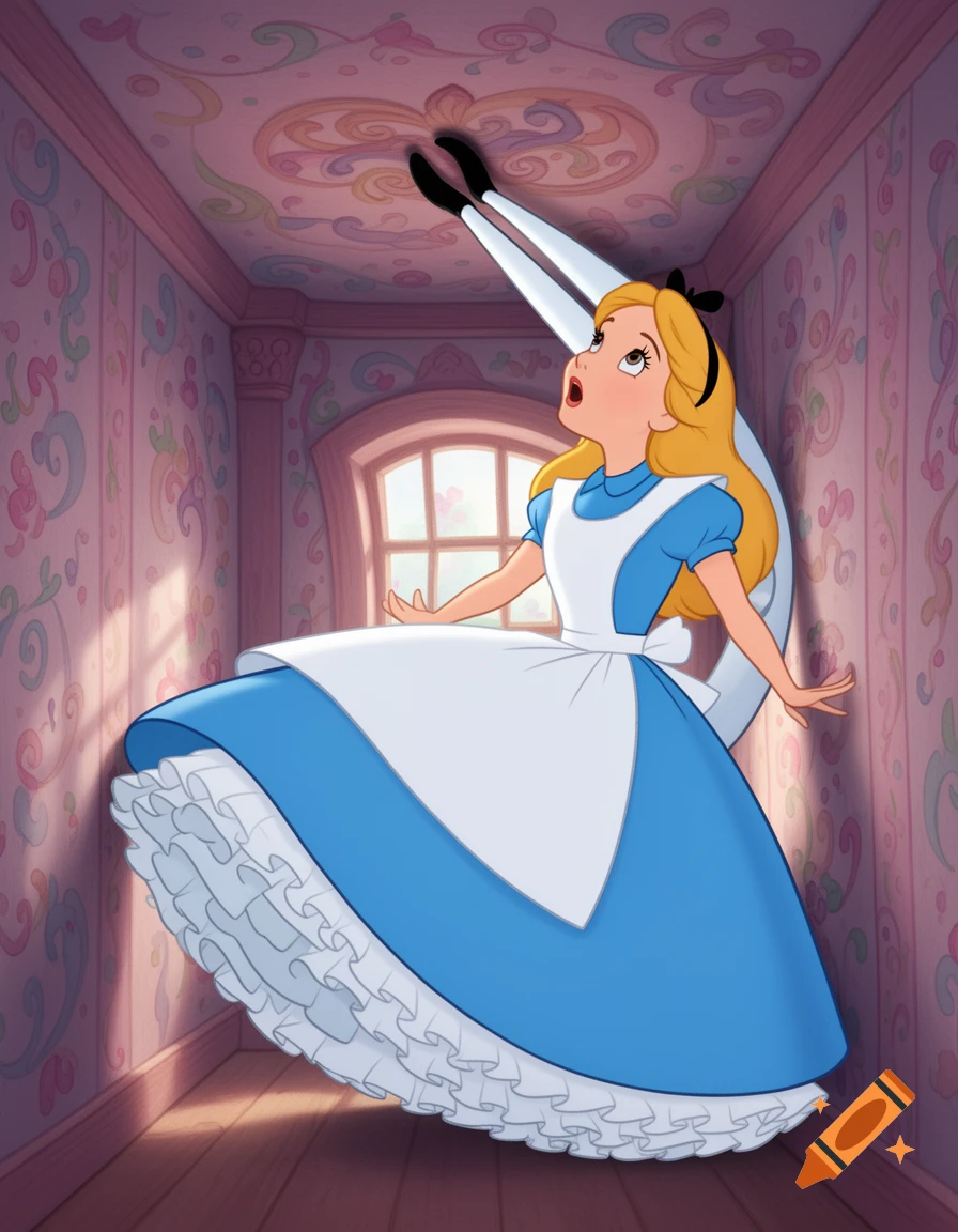 Alice from Wonderland, comically oversized, cramped in a pink room with her legs against the ceiling, in 2D animation style.