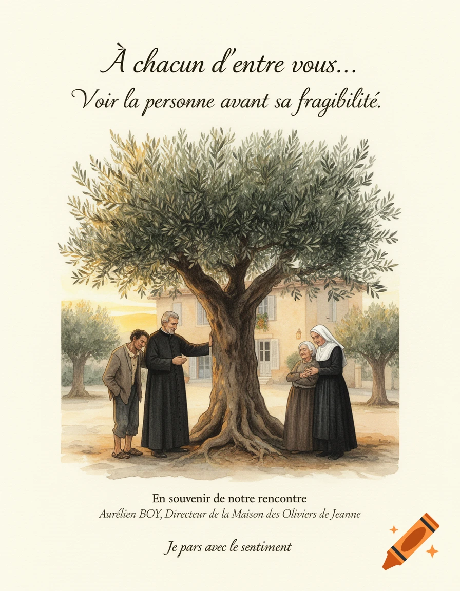 Watercolor illustration of Saint Vincent de Paul and Saint Jeanne Jugan helping a poor man and an elderly woman under a large olive tree, with French text.