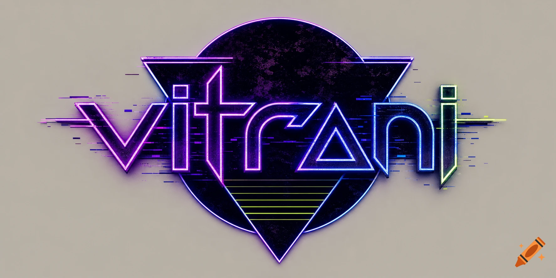 Neon glitch-style logo for 'vitrani' band, with purple and blue outlines, on a retro dark circle and triangle.