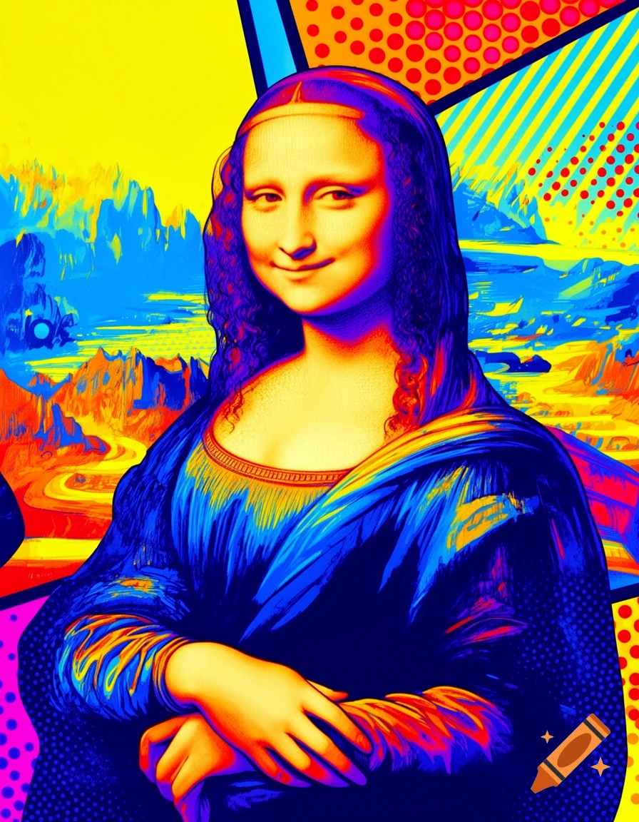 Pop art portrait of Mona Lisa with vibrant yellow, blue, and red colors, featuring dot patterns.
