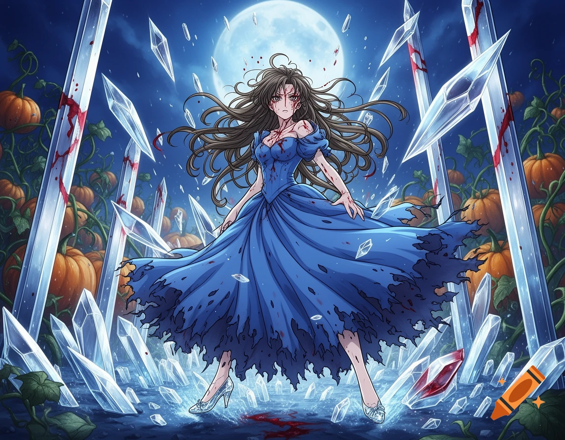 Defiant Cinderella in a tattered, bloodied blue gown, surrounded by blood-stained swords and glass shards under a full moon.