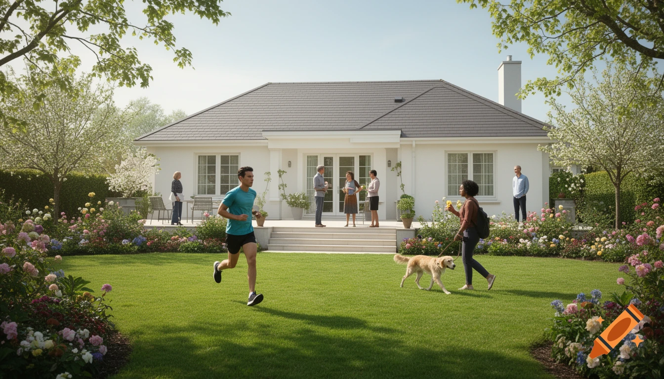 A bright outdoor scene with a white house, lush green lawn, and vibrant flowerbeds. A jogger runs across the lawn, a woman walks a dog, and several people gather on the terrace, while another man observes them from a distance.