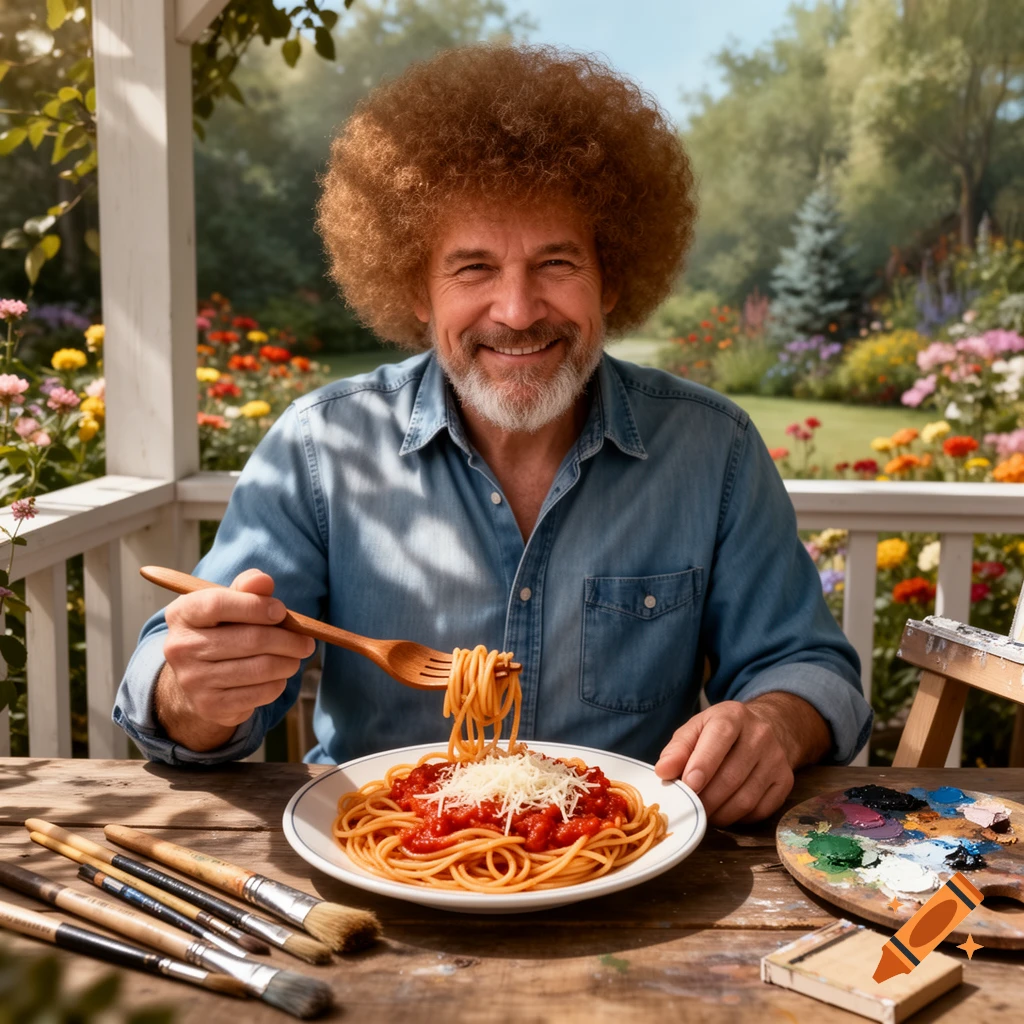 A smiling man resembling Bob Ross eats spaghetti with a fork on a wooden table, surrounded by paint brushes and a palette, in a sunny garden setting.