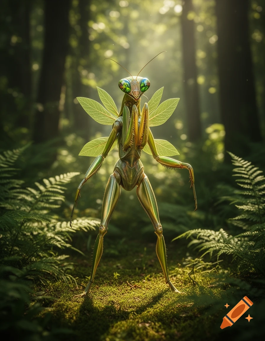 A photorealistic human-mantis hybrid creature stands in a lush, sunlit forest with light filtering through trees.