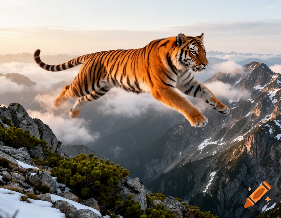 Photorealistic tiger leaping dramatically over a snowy mountain range at sunrise.