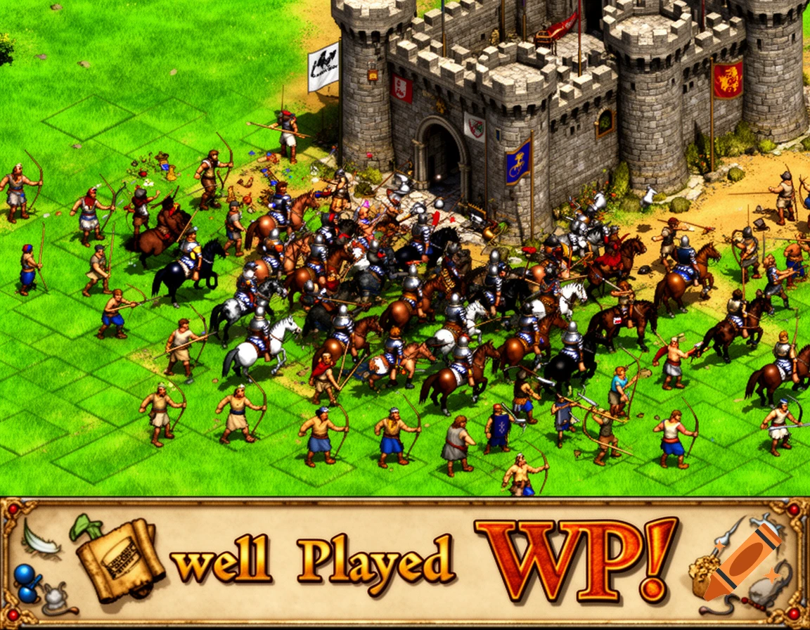 A vibrant, isometric video game scene featuring a large stone castle under attack by an army of medieval knights and archers on a green field. A banner at the bottom reads "well Played WP!".