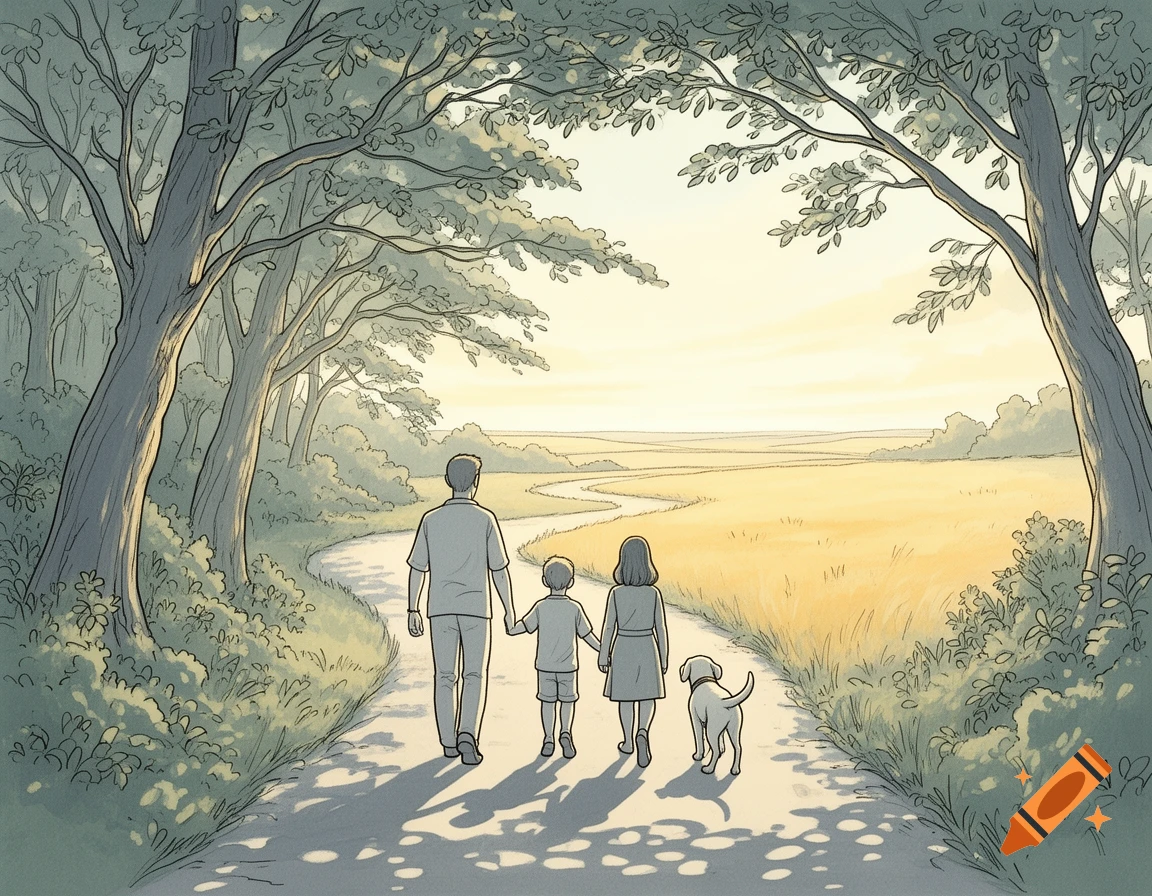 A family with a boy and a dog walk on a tree-lined path towards a sunlit field in an illustration.