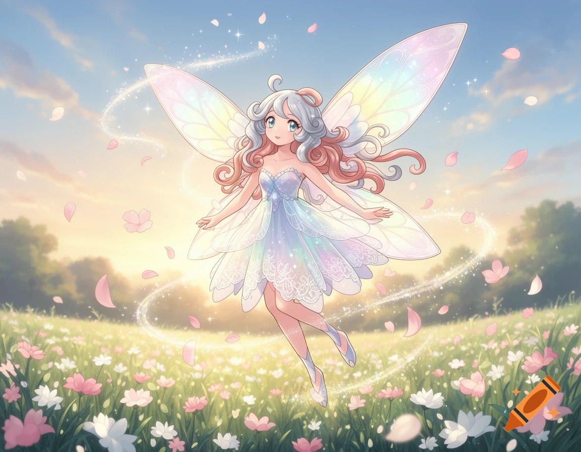 Anime fairy with iridescent wings and a light blue dress floating over a flower meadow at sunset, surrounded by pink petals and sparkles.