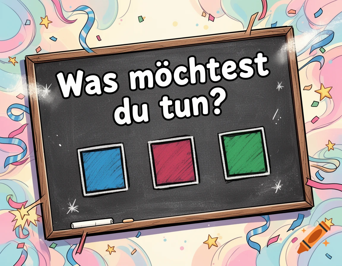 A cartoon chalkboard with 'Was möchtest du tun?' above three colored squares, surrounded by festive confetti and streamers.