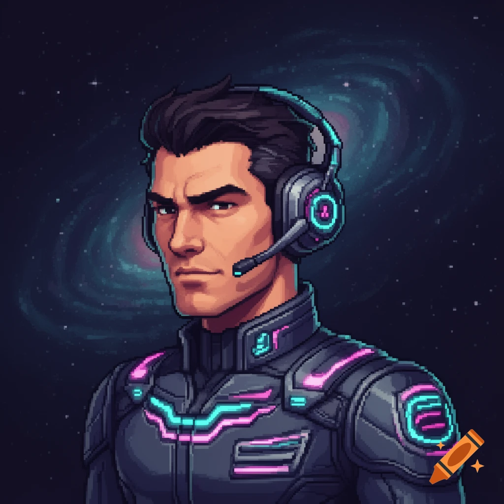 Pixel art portrait of a male spaceship captain with a confident expression, wearing a futuristic military uniform with glowing accents and a high-tech headset. A soft galaxy is in the dark background.