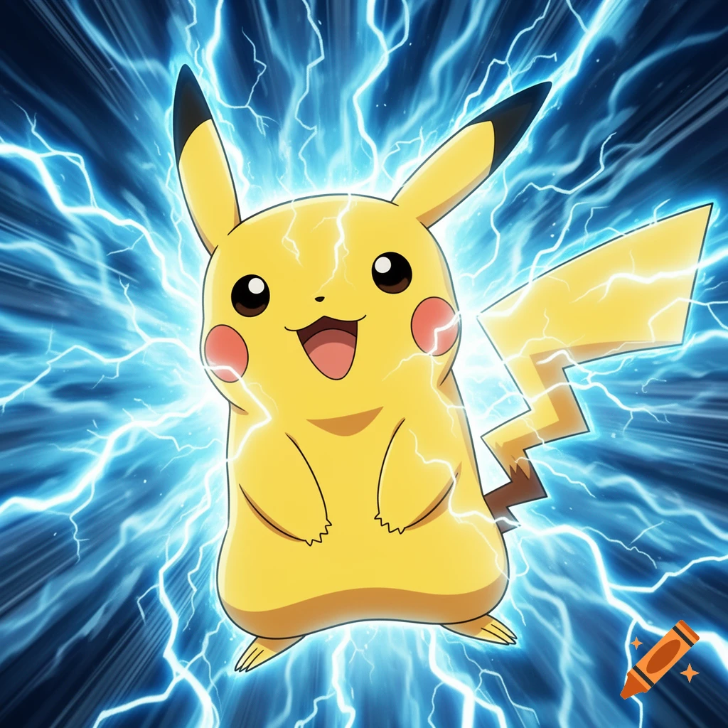Pikachu, a yellow cartoon character, stands smiling amidst blue electricity with its lightning bolt tail.