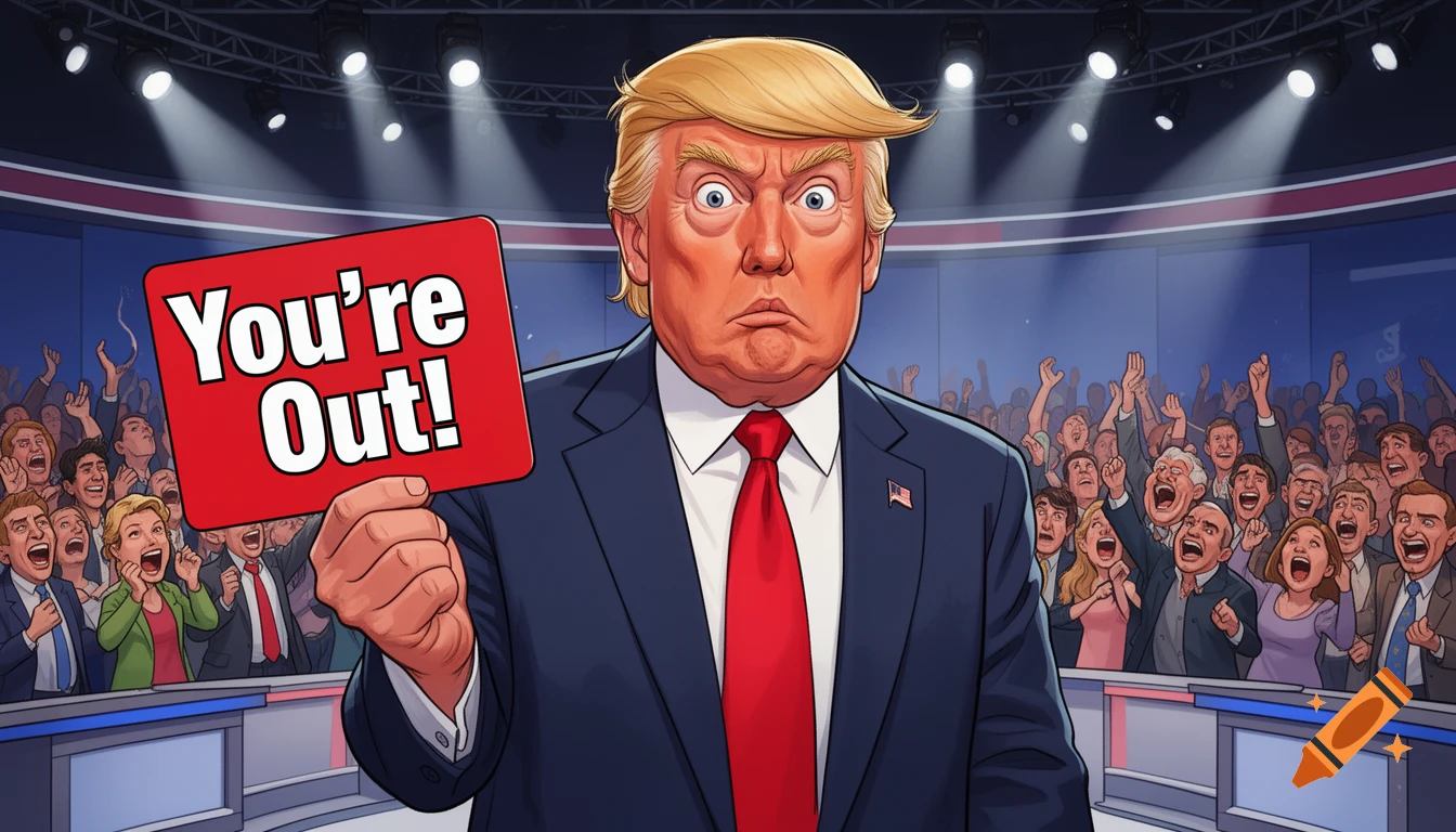 Cartoon of Donald Trump holding a red card with 'You're Out!' in front of a cheering crowd at a political event.