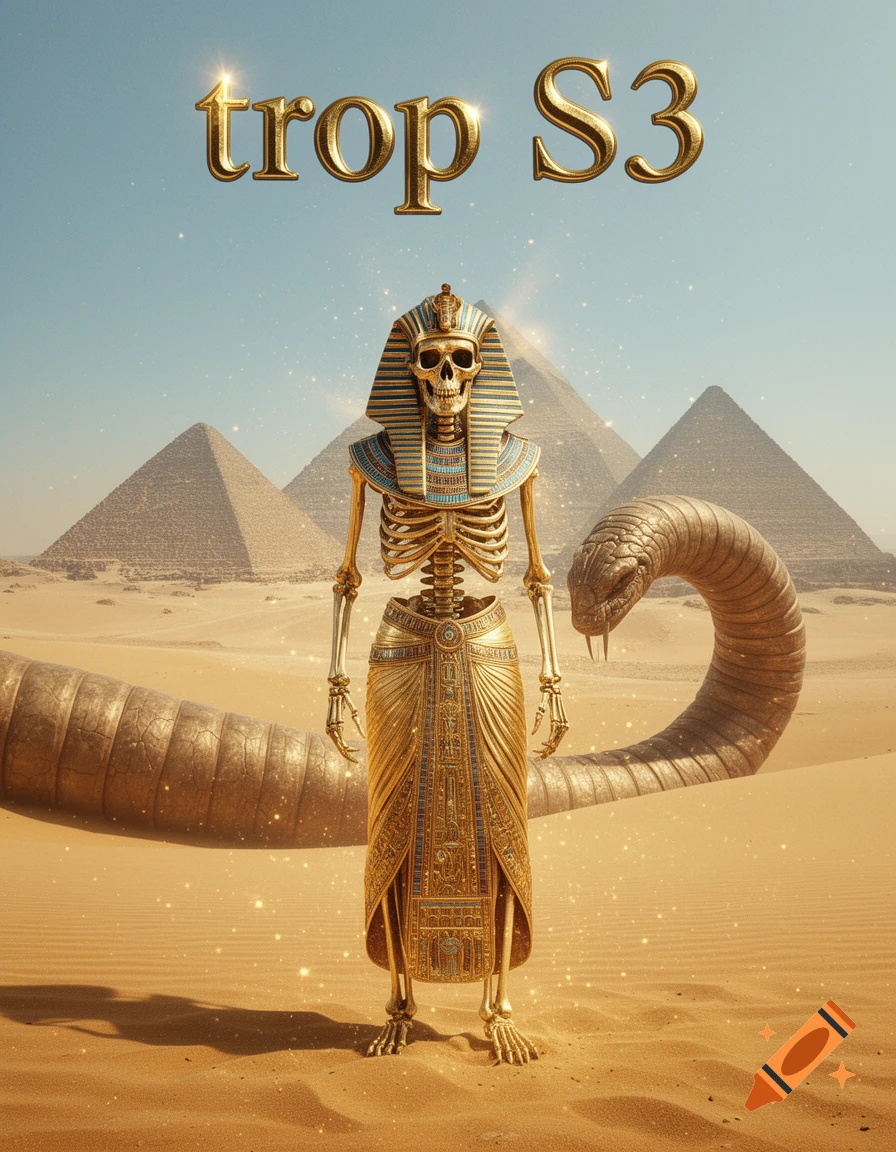 Golden skeleton pharaoh in ornate headdress and kilt stands in a desert with pyramids, a giant golden sand worm, and text 'trop S3'.