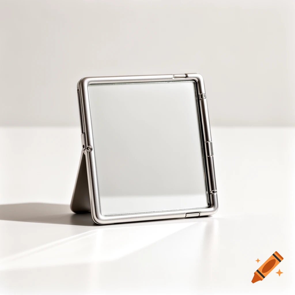 A close-up, photorealistic image of a silver folding compact mirror standing on a white surface with subtle shadows.
