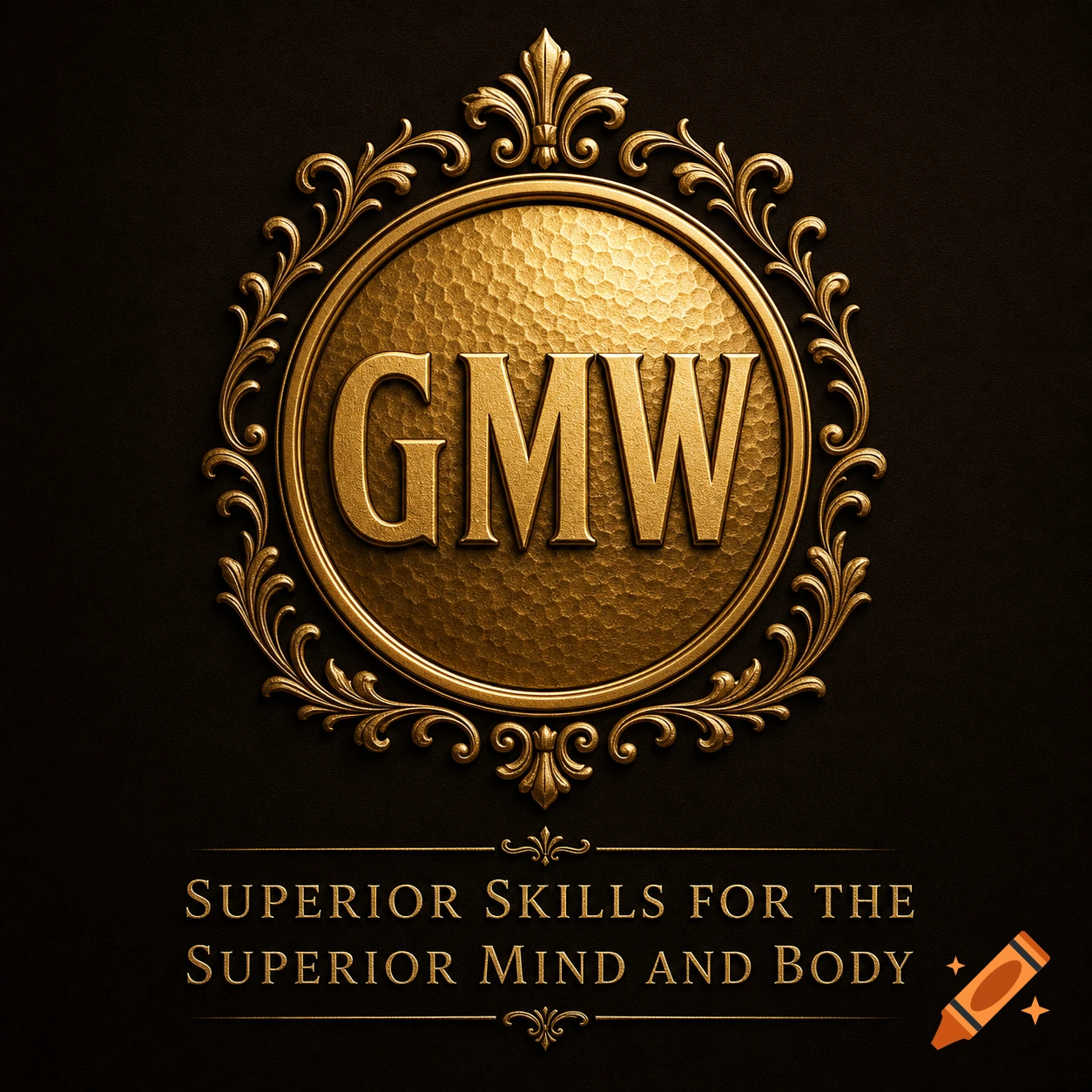 A vintage gold GMW logo with a hammered texture and ornate scrollwork, above the motto "Superior Skills for the Superior Mind and Body" on a dark background.
