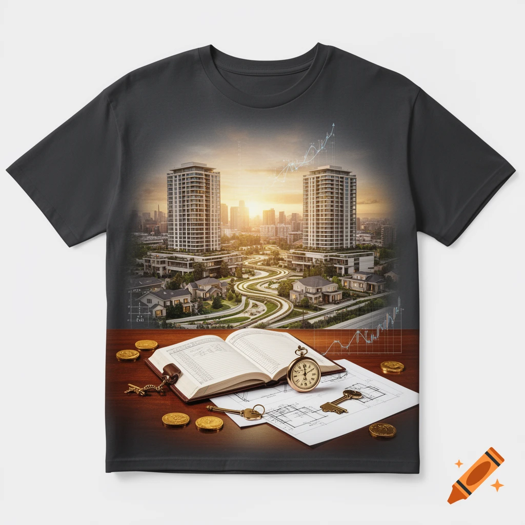 Dark t-shirt featuring a graphic of a modern city skyline at sunset, with a ledger book, gold coins, keys, pocket watch, and blueprints on a table below, overlaid with financial graphs.