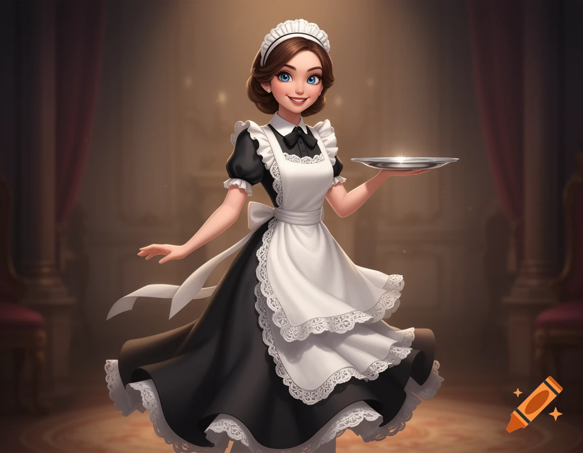 An animated brown-haired character dressed as a maid, holding a silver tray, smiles in a grand room.