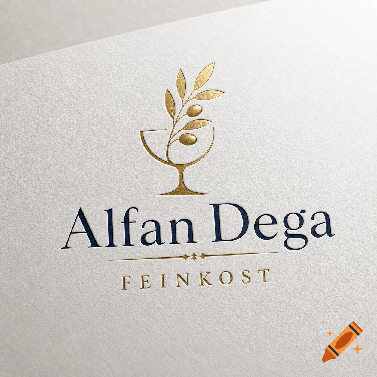 Luxurious gold and navy logo for 'Alfan Dega FEINKOST' delicatessen, featuring an olive branch within a wine glass shape, on textured paper.