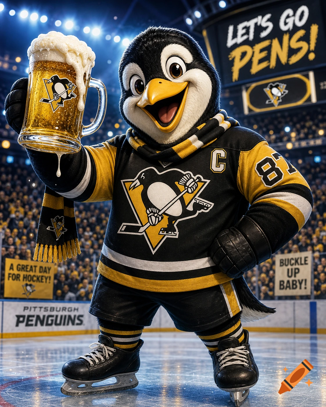 Pittsburgh Penguins mascot on an ice rink, holding a frothy beer mug in a packed hockey arena, photorealistic style.