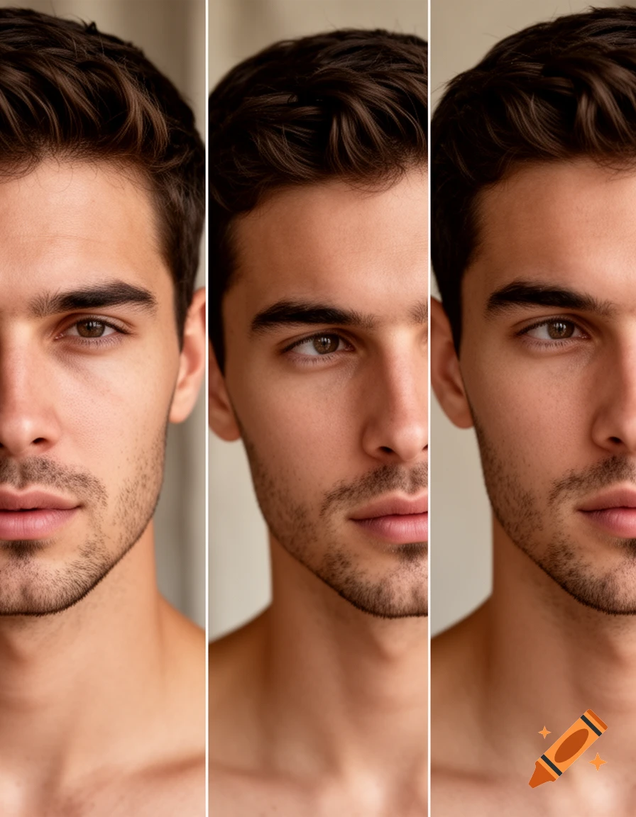 Three close-up, photorealistic portraits of a man's face in vertical panels, showing slight head turns.